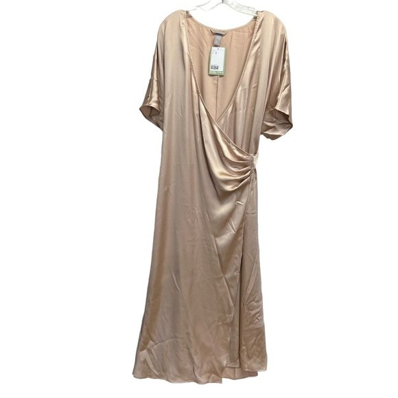 H&M Womens Satin Wrap Dress Size XL Champagne Short Sleeve Special Occasion New - Picture 1 of 7